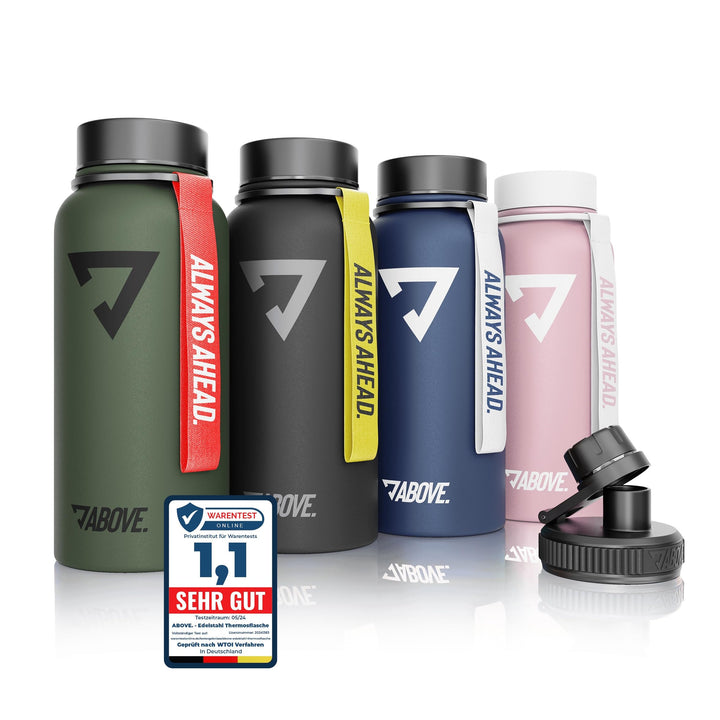 ABOVE. Trinkflasche Edelstahl 1L I Gratis Trinkverschluss I BPA-FREI I Thermosflasche hält bis zu 12
