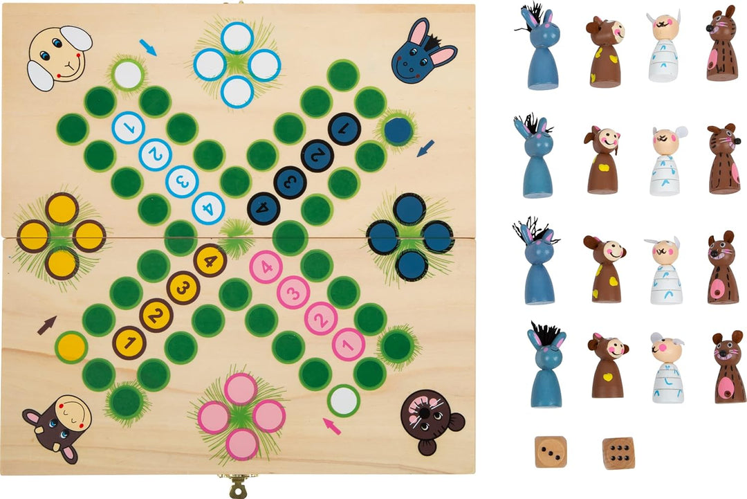 small foot Ludo Brettspiel "Farmtiere" aus Holz, Gesellschaftsspiel mit praktischem Klapp-Spielbrett