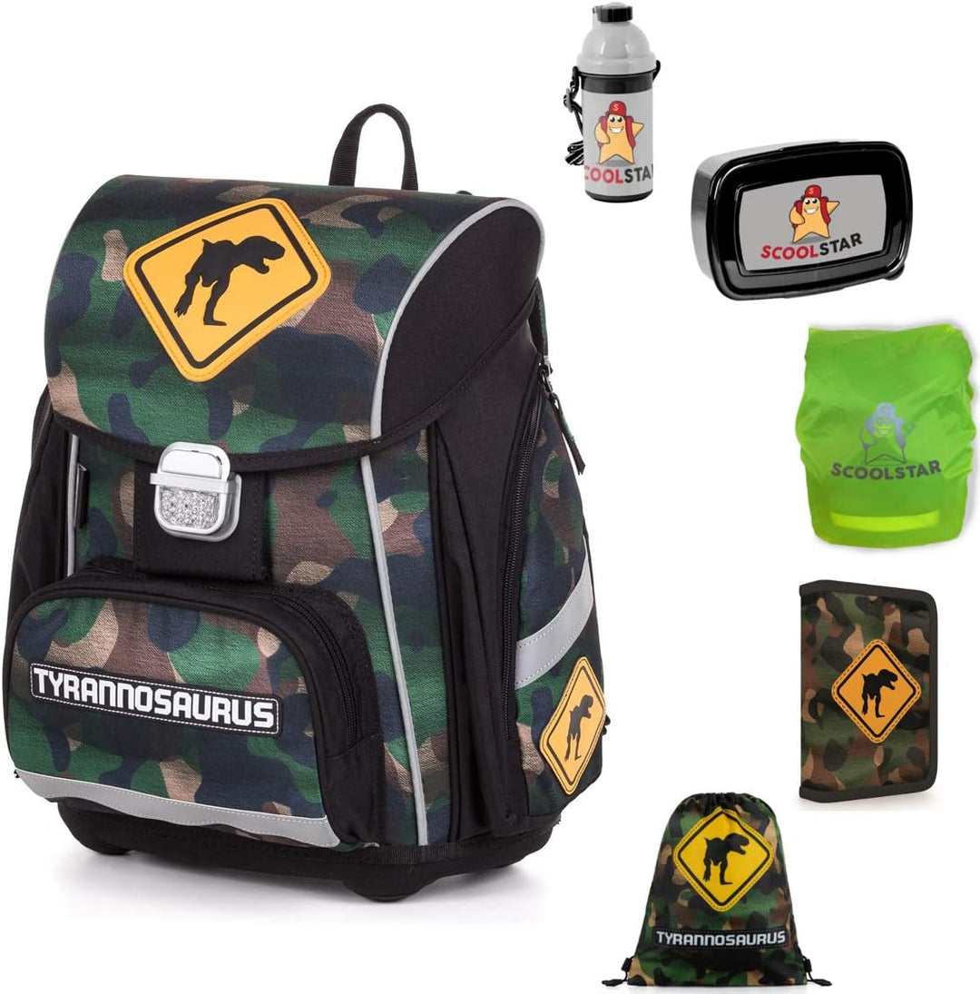 Dinosaurier Schulranzen Set Junge 1 KLASSE | Set 6 TEILIG FÜR GRUNDSCHULE | SUPER LEICHT | Tyrannosa
