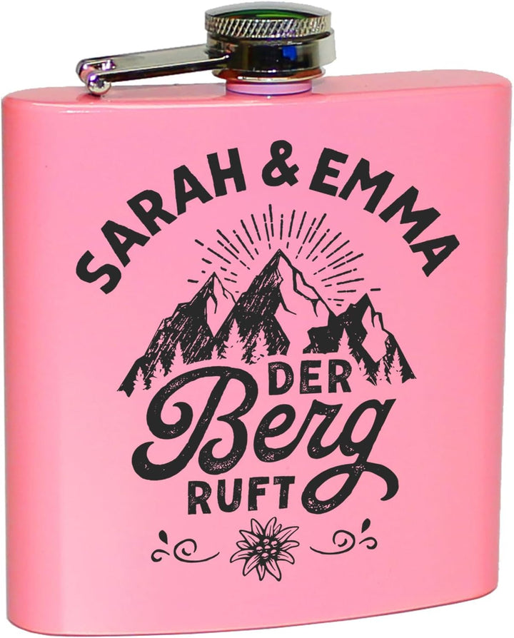Der Berg ruft Flachmann Skifahren Berg Flachmann Ski Geschenk Wandern personalisiert mit Gravur Pink