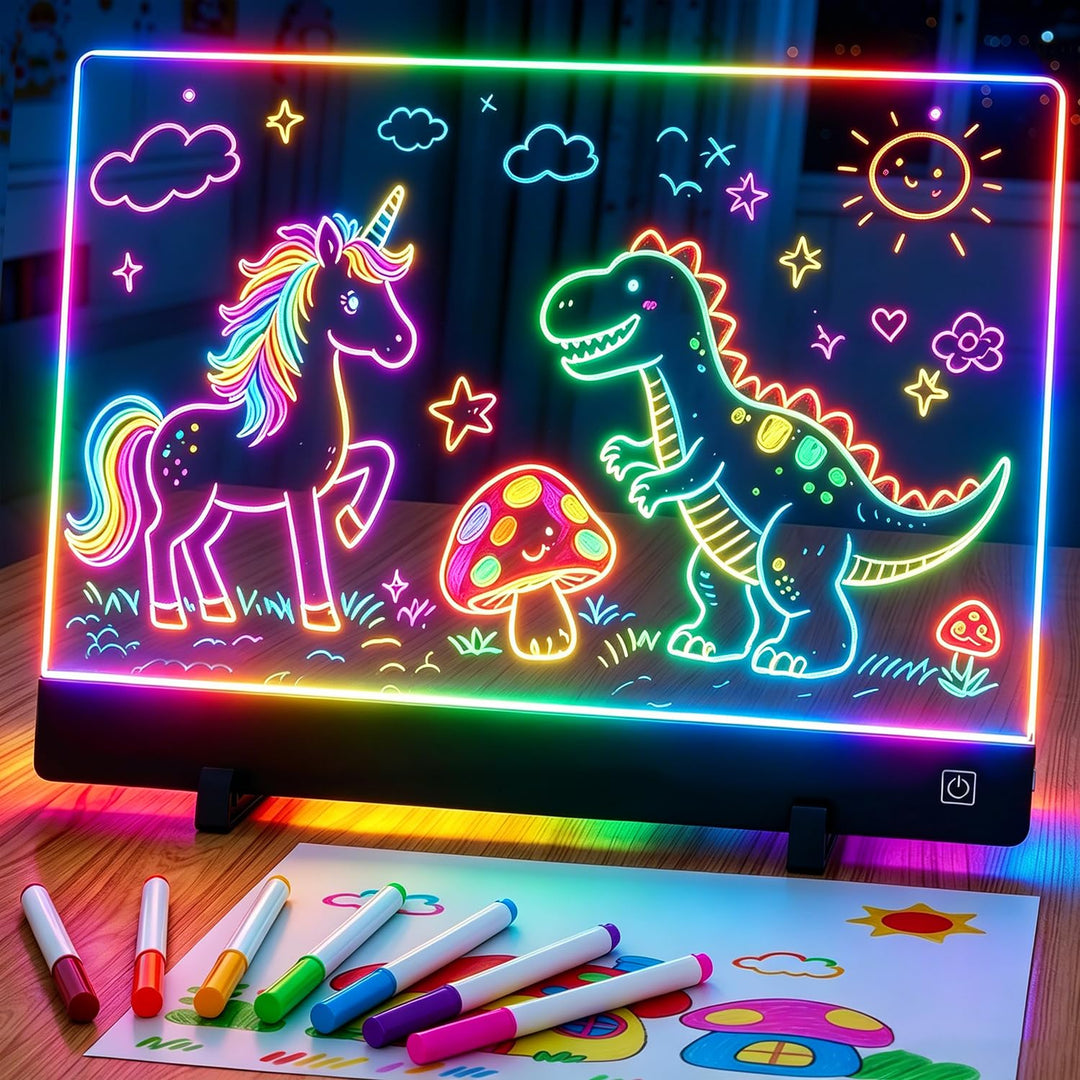 LED-Zeichenbrett für Kinder, 1500mAh wiederaufladbares Notizbrett mit 4-Farben-Lichtmodi & 7 Markern