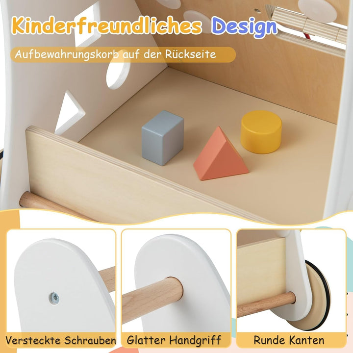 FANTASK 7 in 1 Lauflernwagen aus Holz, Lauflernhilfe mit Aufbewahrungsbox in Weiss, Montessori Baby