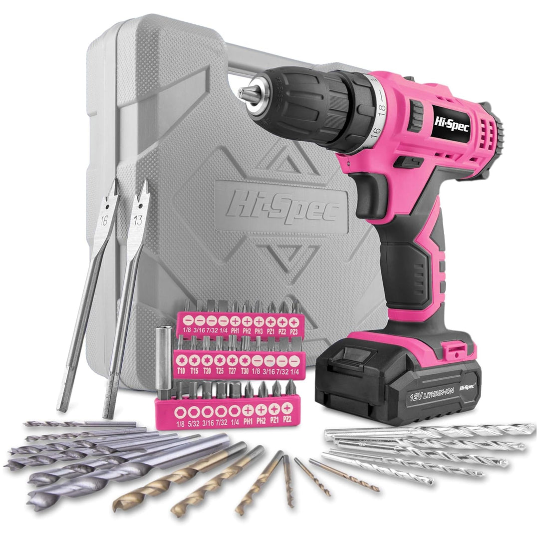 Hi-Spec Akkuschrauber und Bohrmaschinen 50tlg. – 12V Bohrmaschine in Pink Rosa mit gängigen Holz-, M