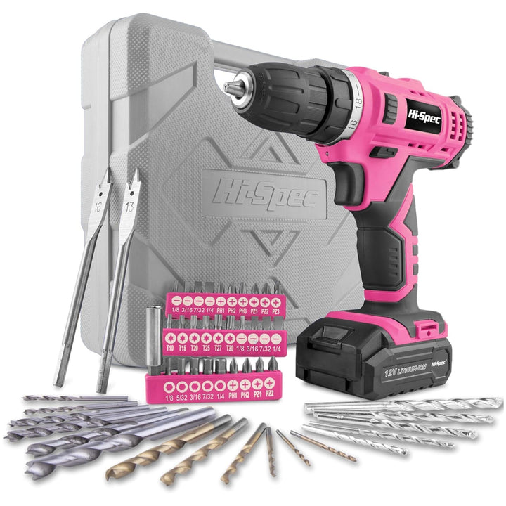 Hi-Spec Akkuschrauber und Bohrmaschinen 50tlg. – 12V Bohrmaschine in Pink Rosa mit gängigen Holz-, M