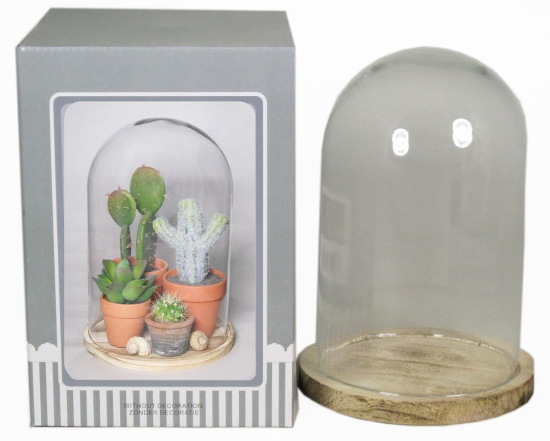INNA-Glas Glasglocke SABIKA mit marmoriertem Holzboden, klar, 22 cm, Ø 14 cm - Glassturz