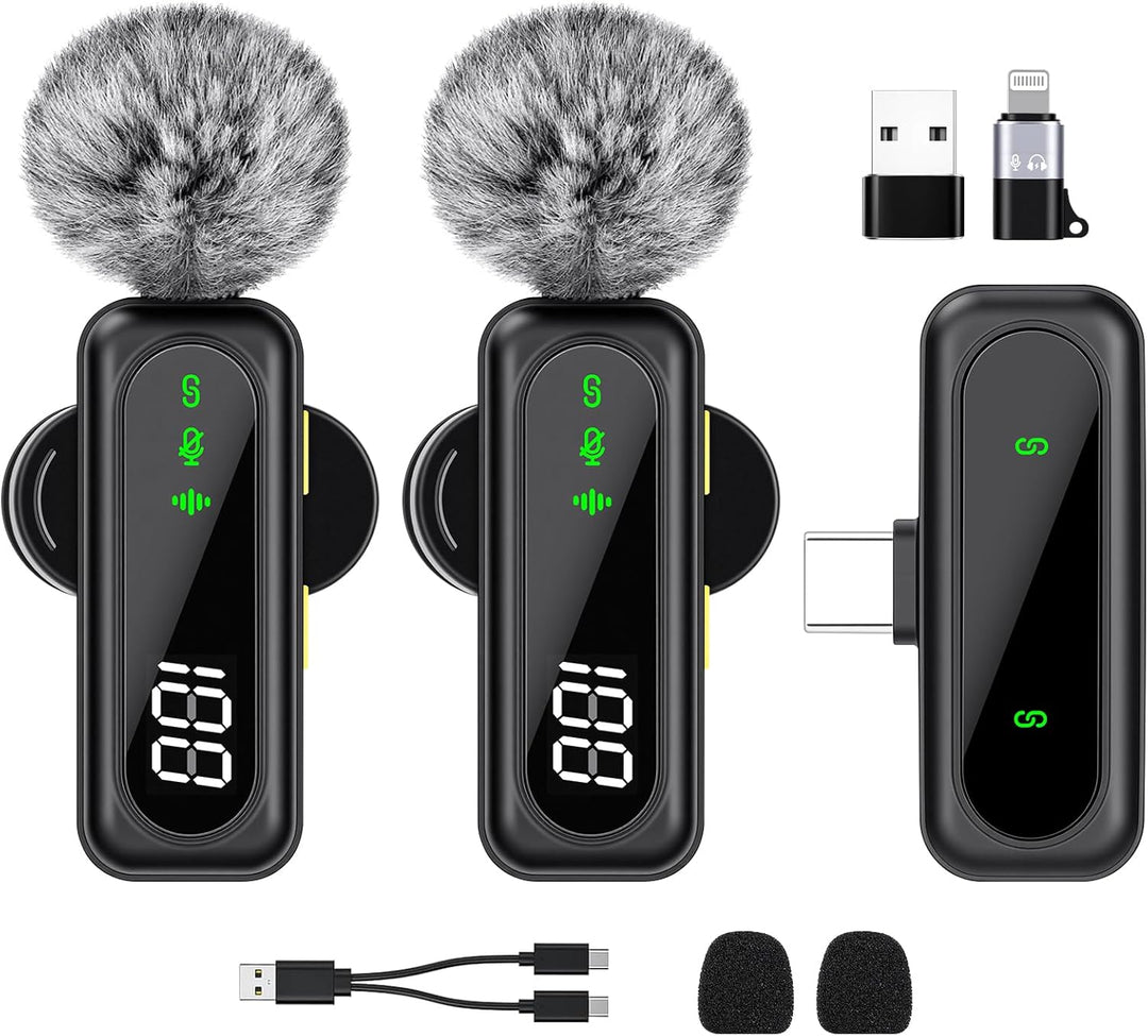 AXFEE Kabelloses Lavalier-Mikrofon, 2er-Pack Mini Mikrofon Mit LED-Anzeigemit und Rauschunterdrückun