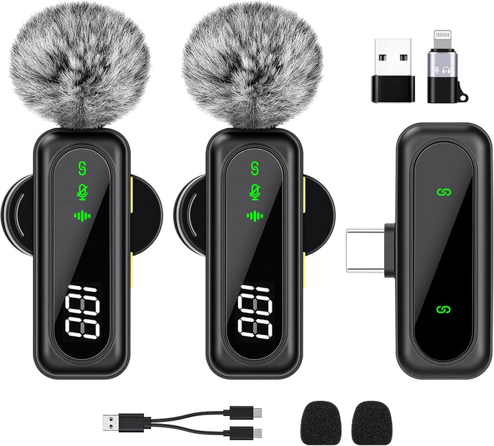 AXFEE Kabelloses Lavalier-Mikrofon, 2er-Pack Mini Mikrofon Mit LED-Anzeigemit und Rauschunterdrückun