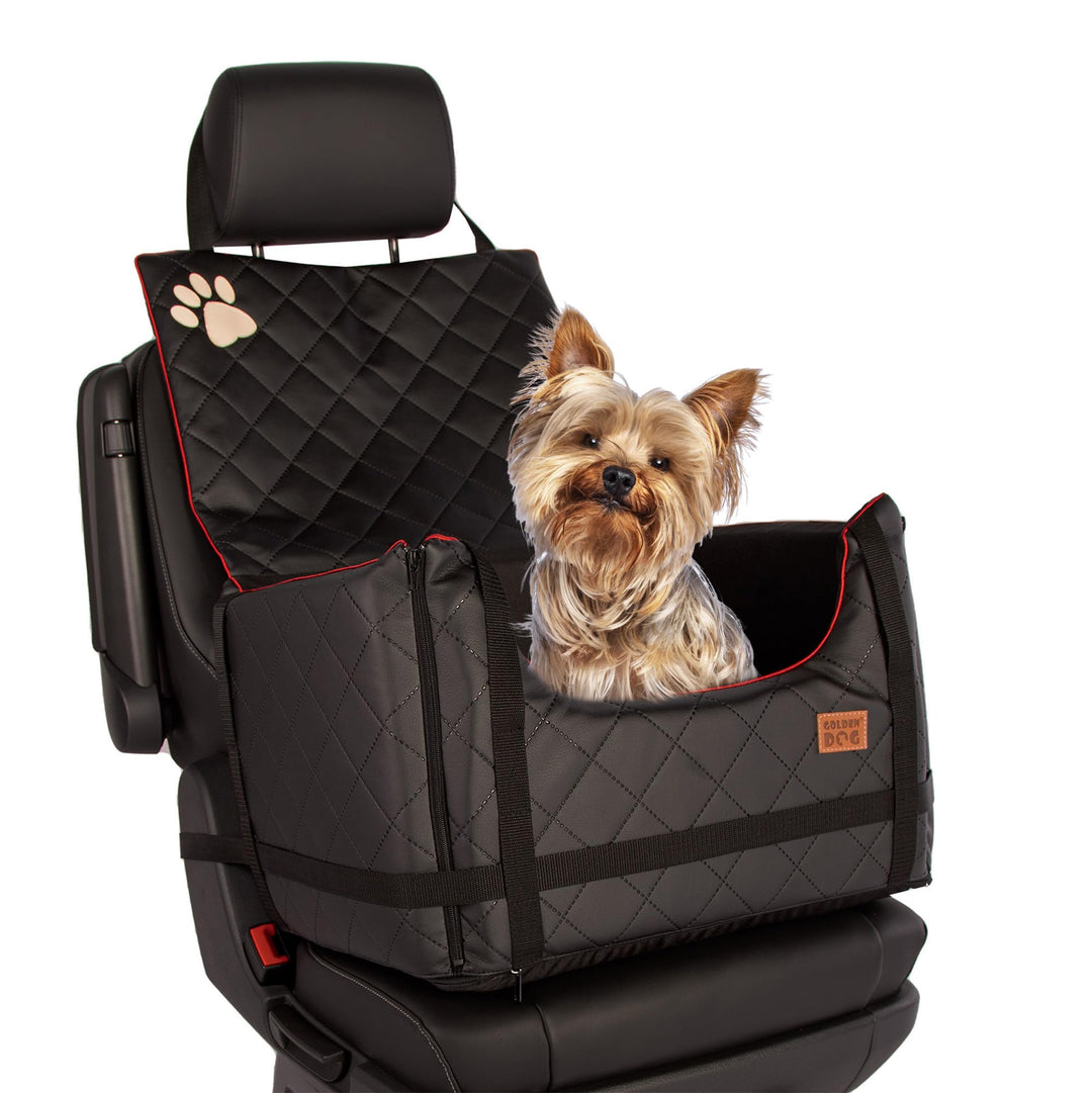 Golden Dog - Transportbox Hund mit Sicherheitsgurt S-45x35x33 cm - Leder Imitation Autositz Hund, Wa