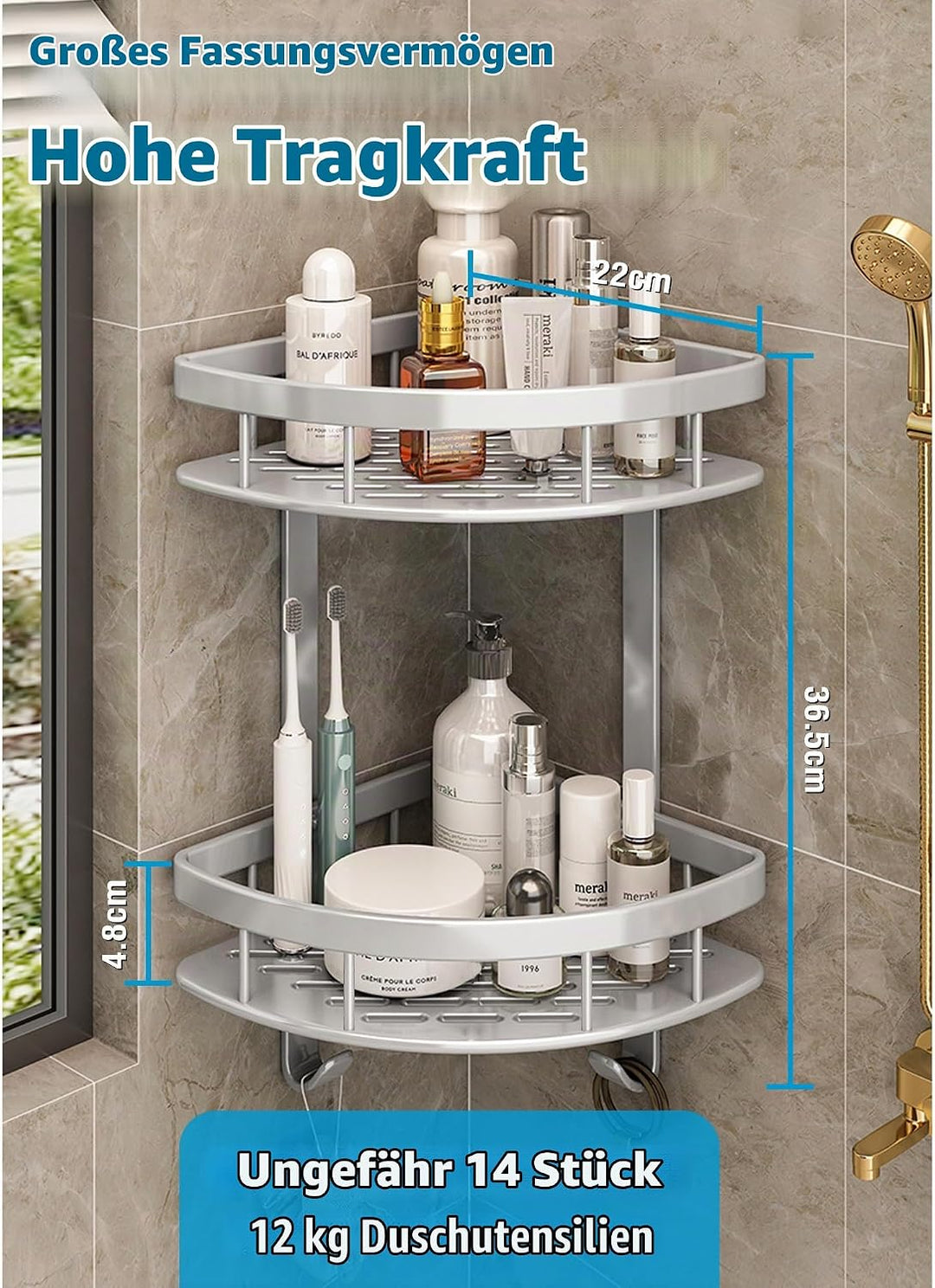 GERUIKE Duschkorb Ecke, Duschregal, Duschablage Ohne Bohren | Wandmontage, mit Klebepad, Silber, Alu