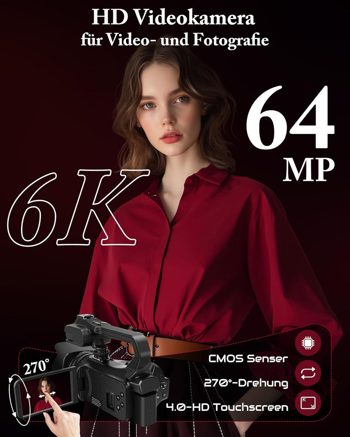Videokamera Camcorder 6K 64MP 18X Digitalzoom Vlogging Camera mit IR Nachtsicht für YouTube, HD Webc