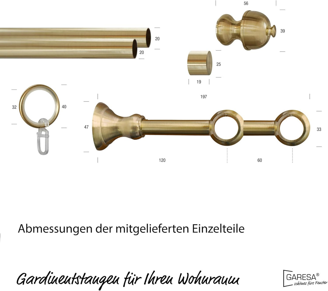 Garesa Gardinenstange Andrea Ø 20mm, 2-läufig, Messing, matt I Stabile Vorhangstange inkl. Ringe + F