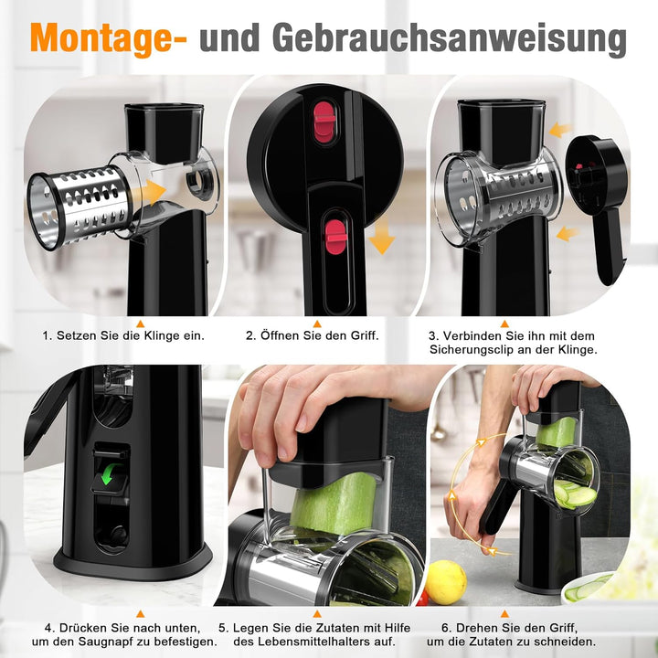 Ibergrif Manuelle Gemüsereibe mit Kurbel, Schwarze Premium Trommelreibe– 3 Klingen für Schneiden, Ra