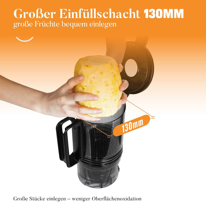 Entsafter Slow Juicer, 1,6 L Hopper, 130 mm Einfüllöffnung, Vor-/Rücklauf, inkl. Reinigungsbürste Gr