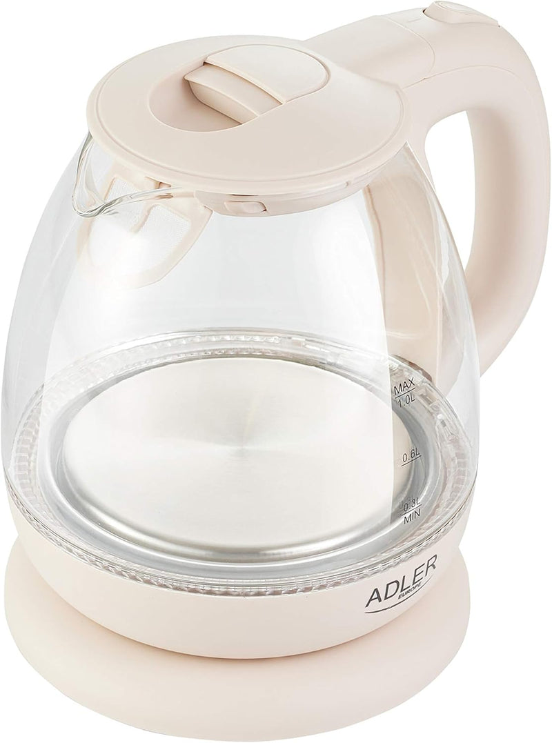 adler AD 1238 Elektrischer Wasserkocher aus Glas, klein, 1 l, 1100 W, LED-Beleuchtung, 1 Liter, Beig