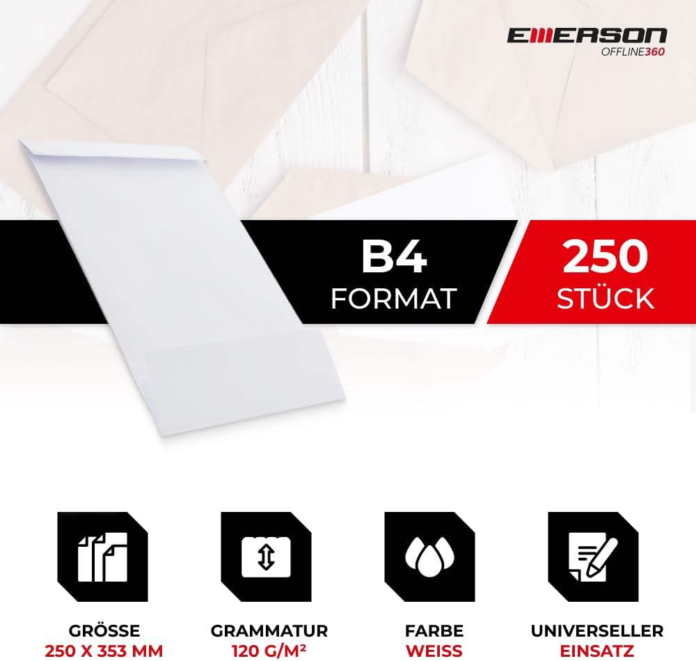 Emerson 250x Versandtasche DIN B4 Weiss 352x250x50 120 g RBD Weiss Versandtaschen gross ohne Fenster