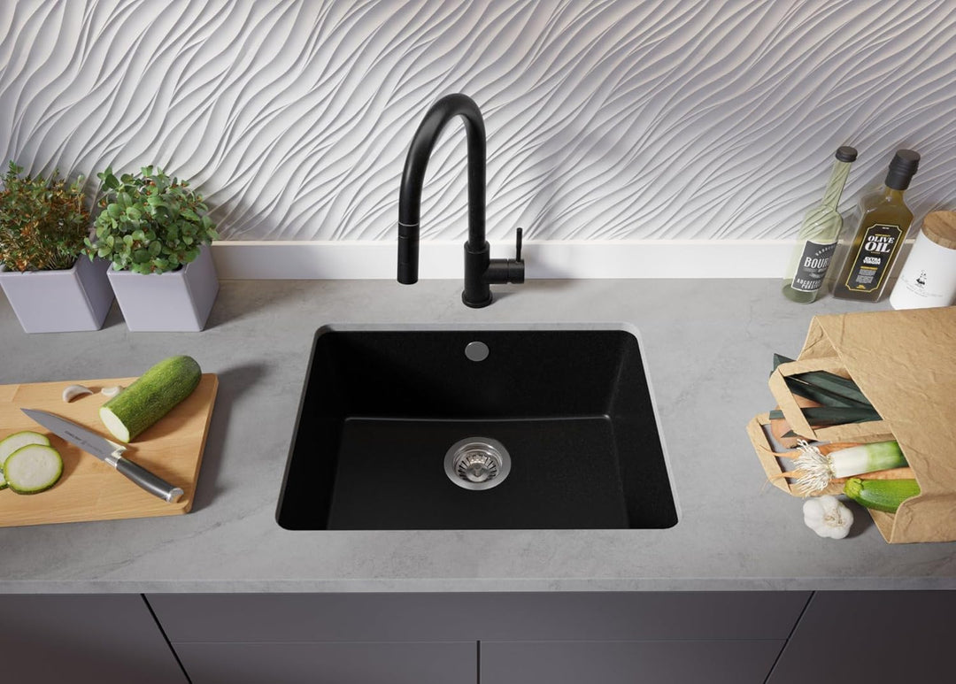 Unterbauspüle Granit Schwarz 56x44 cm, Granitspüle 1 Becken + Ablauf-Set, Küchenspüle ab 60er Unters