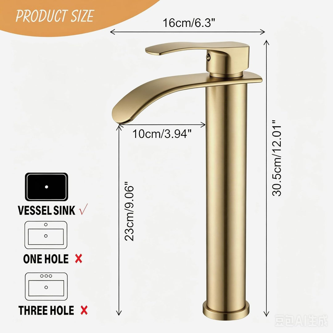 Moderne Wasserfall Küchenarmatur, Hoch Auslauf in gebürstetem Gold, Messing-Körper mit 3/8" Anschlüs