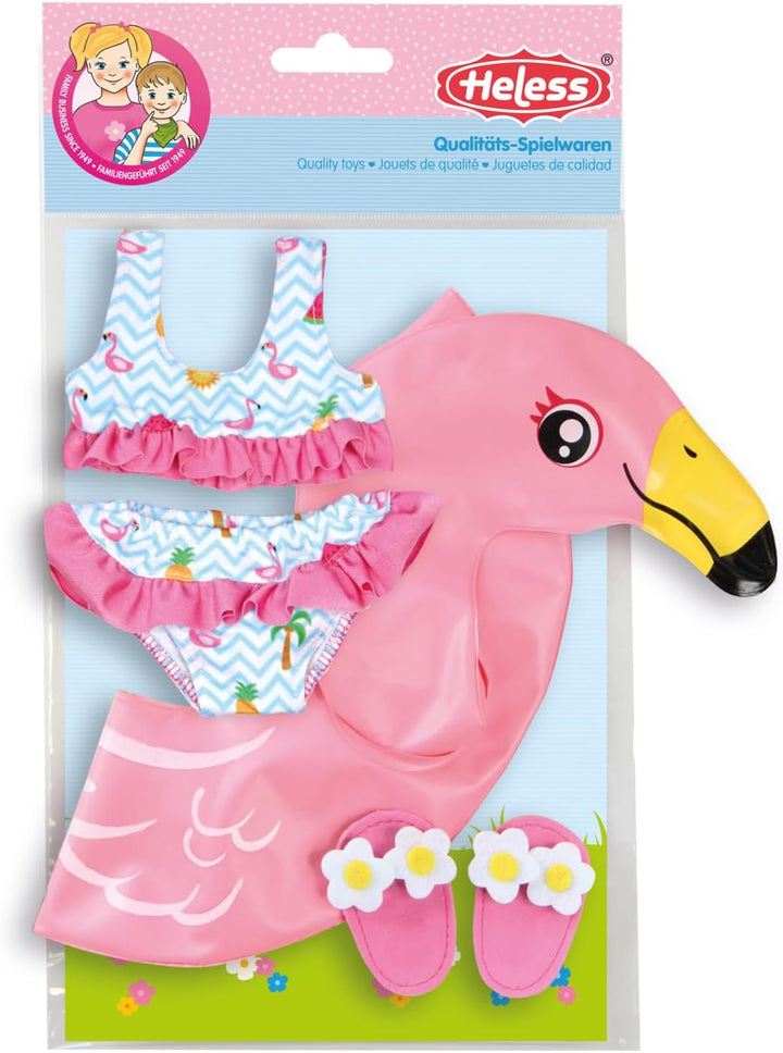 Heless 99 - Schwimm-Set für Puppen, 3 teilig, Flamingo Ella, Bikini, Flip Flops und Schwimmring, Grö