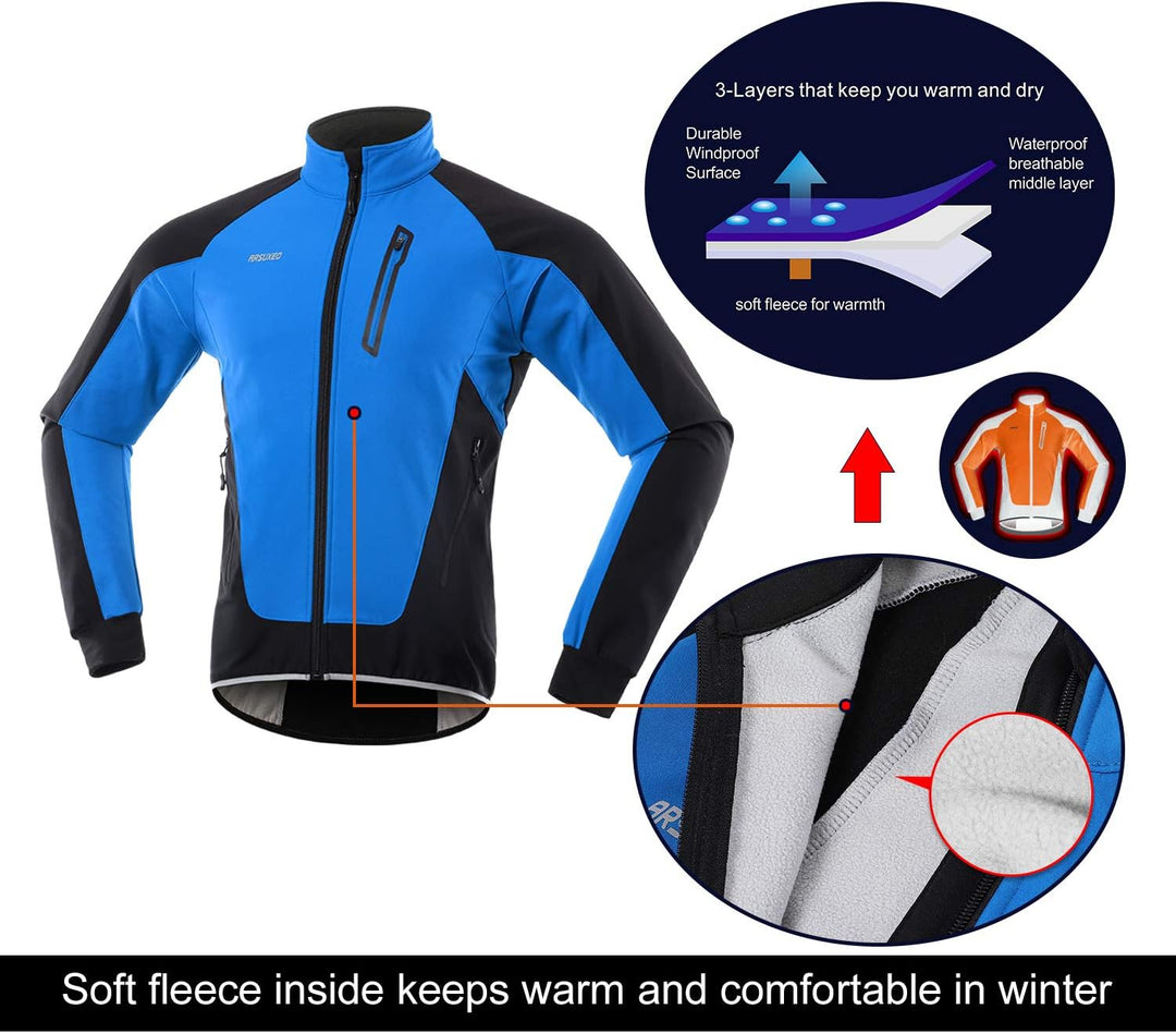 ARSUXEO Herren Winter Fahrradjacke Thermo-Vlies Softshell MTB Fahrrad Outwear Winddicht Wasserdicht