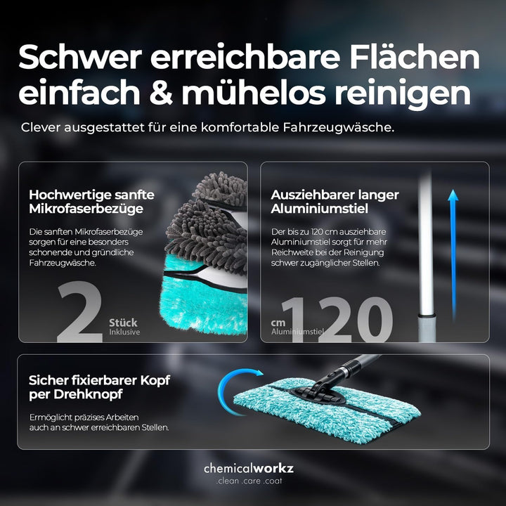 Chemicalworkz Microfiber Extension Mop | Ausziehbare Autowaschbürste mit Teleskopstiel bis 120 cm |