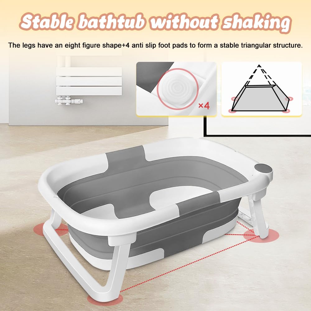 OHMG Faltbare Badewanne für Kinder, Babybadewanne, tragbar, multifunktional, grau, mit Ständer, mit
