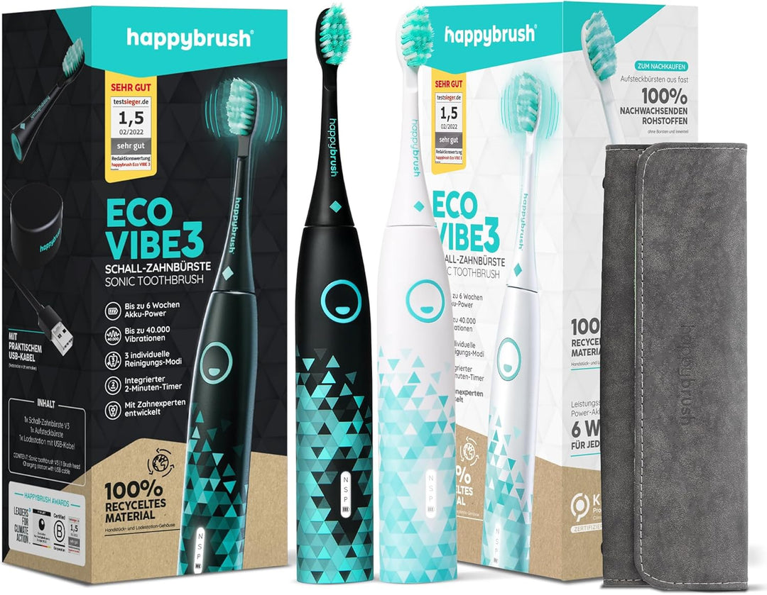 happybrush® Elektrische Schall-Zahnbürste Eco VIBE 3 im Doppelpack - Nachhaltige Zahnbürste mit 6 Wo