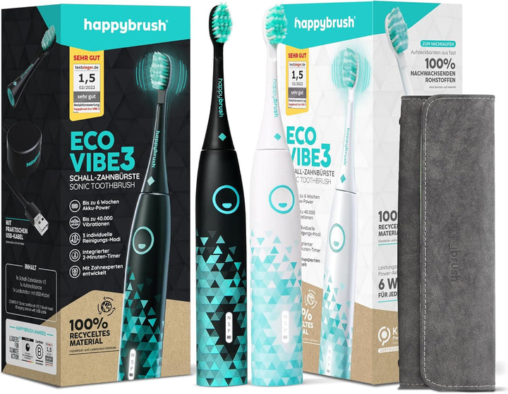 happybrush® Elektrische Schall-Zahnbürste Eco VIBE 3 im Doppelpack - Nachhaltige Zahnbürste mit 6 Wo