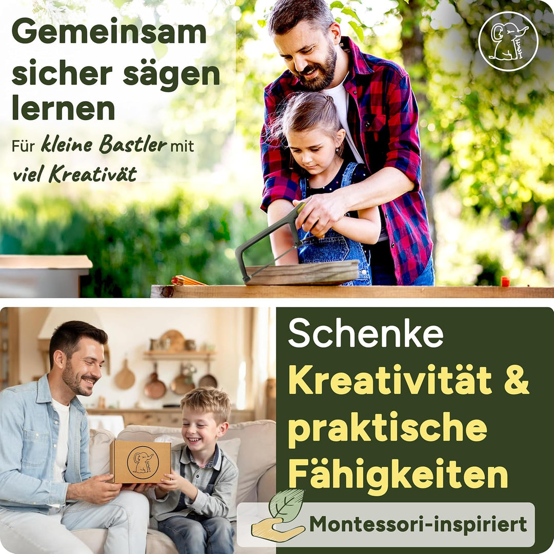 Eli® Kindersäge ab 6 Jahre inkl. 4 Sägeblätter für Holz und Metall und Bastelholz- echte Bügelsäge z