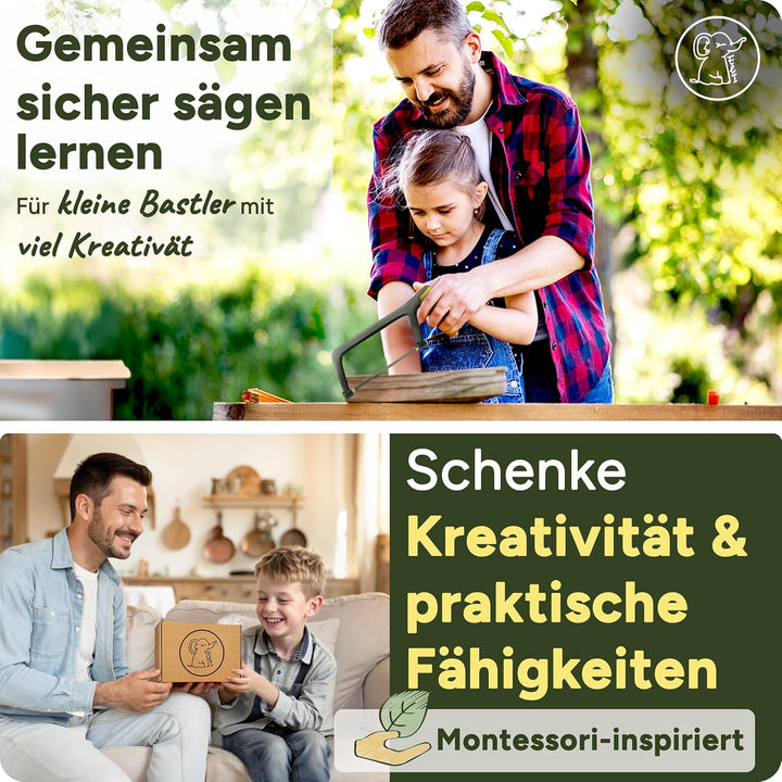Eli® Kindersäge ab 6 Jahre inkl. 4 Sägeblätter für Holz und Metall und Bastelholz- echte Bügelsäge z