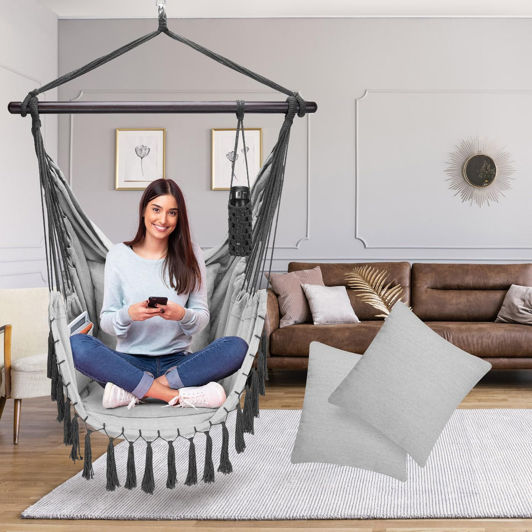 DETEX® Hängesessel bis 150kg Belastbar mit Flaschenhalter Boho Stil Wetterfest Garten 360° Drehbar G