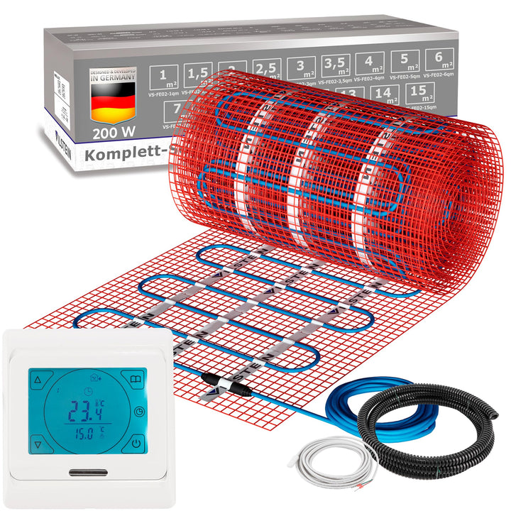 VILSTEIN Elektrische Fussbodenheizung 200W/m², für Fliesen Laminat und mehr, Komplett-Set, TWIN Tech