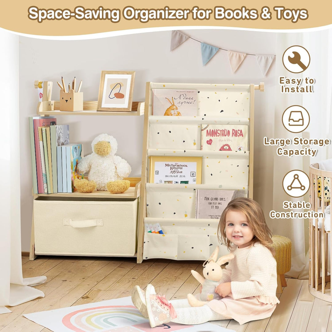 Bücherregal Kinder Kinderzimmer Spielzeug Aufbewahrung mit 4 Regalebenen & Aufbewahrungsbox, Kinderr