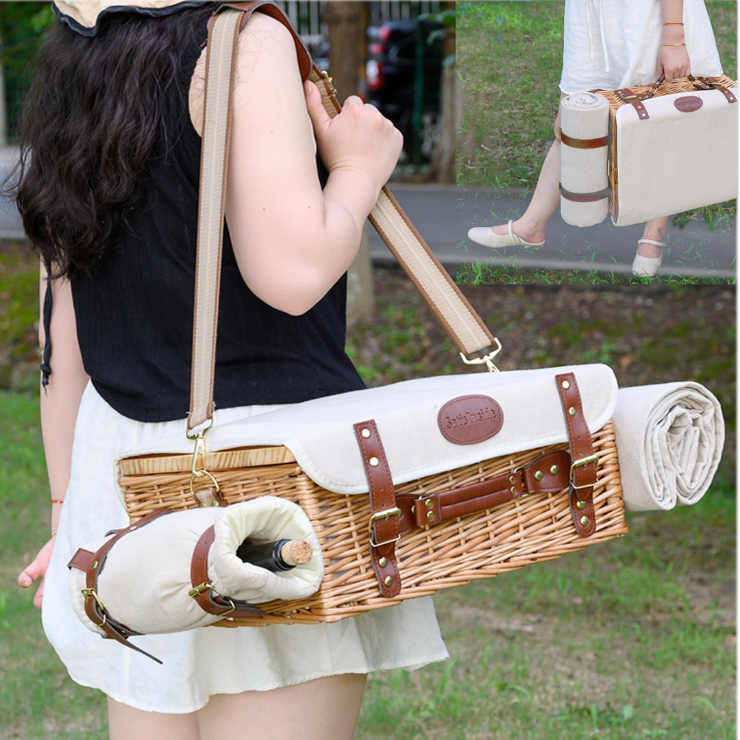 Multifunktionales Picknickkorb-Set aus Weidengeflecht für 2 Personen mit Decke und Picknicktisch, is
