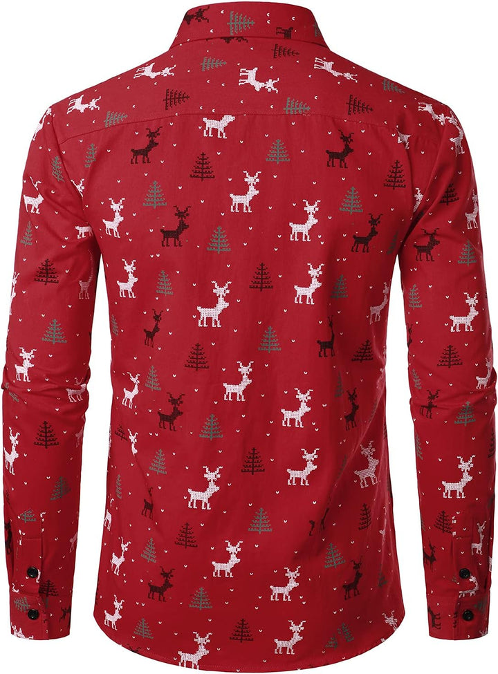 JOGAL Herren Funky Christmas Print Weihnachtsmann Hemd Langarm Button Up Freizeithemd Herren L Rot,