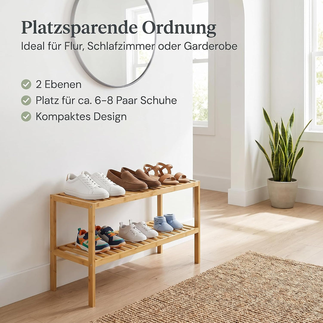 hausleben Bambus Schuhregal, 2 Ebenen, 70x28x33 cm, Naturholz Standregal | Platzsparendes Design, Le