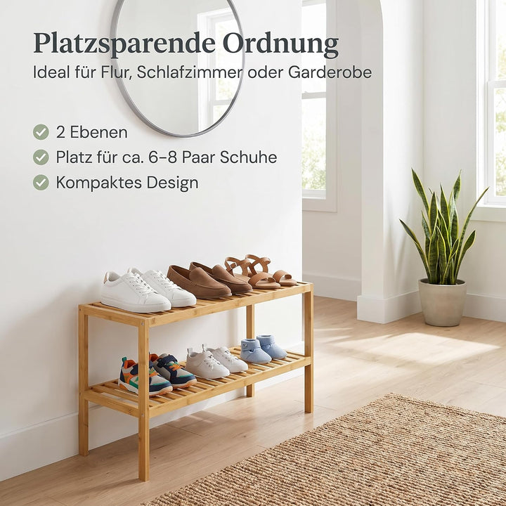 hausleben Bambus Schuhregal, 2 Ebenen, 70x28x33 cm, Naturholz Standregal | Platzsparendes Design, Le