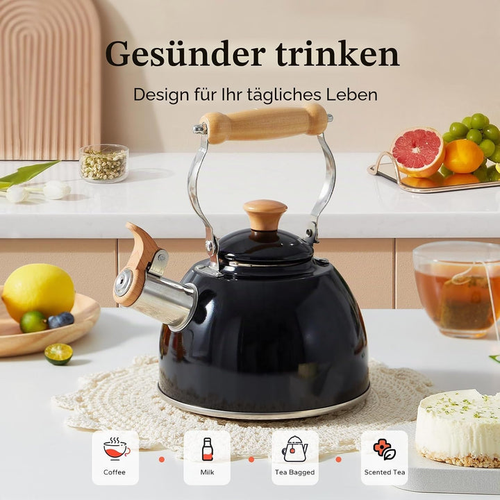 Wasserkessel Induktion, Flötenkessel für alle Herdarten, Edelstahl Teekessel Camping mit Holzgriff,