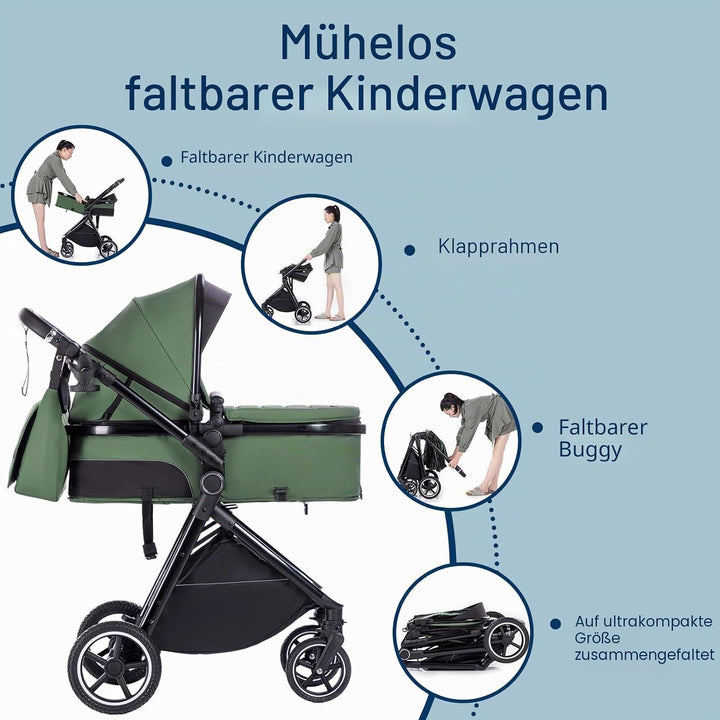 Kinderwagen 3 in 1, Reisesystem-Korb ist faltbar,Blaugrün 10Blau Grün, 10Blau Grün