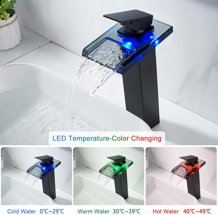 LED Schwarz Wasserfall Wasserhahn, RGB 3 Farbewechsel Waschtischarmatur Einhebelmischer mit Temperat