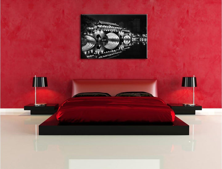 Pixxprint hellerleuchtete chinesische Brücke als Leinwandbild/Grösse: 100x70 / Wandbild/Kunstdruck/f