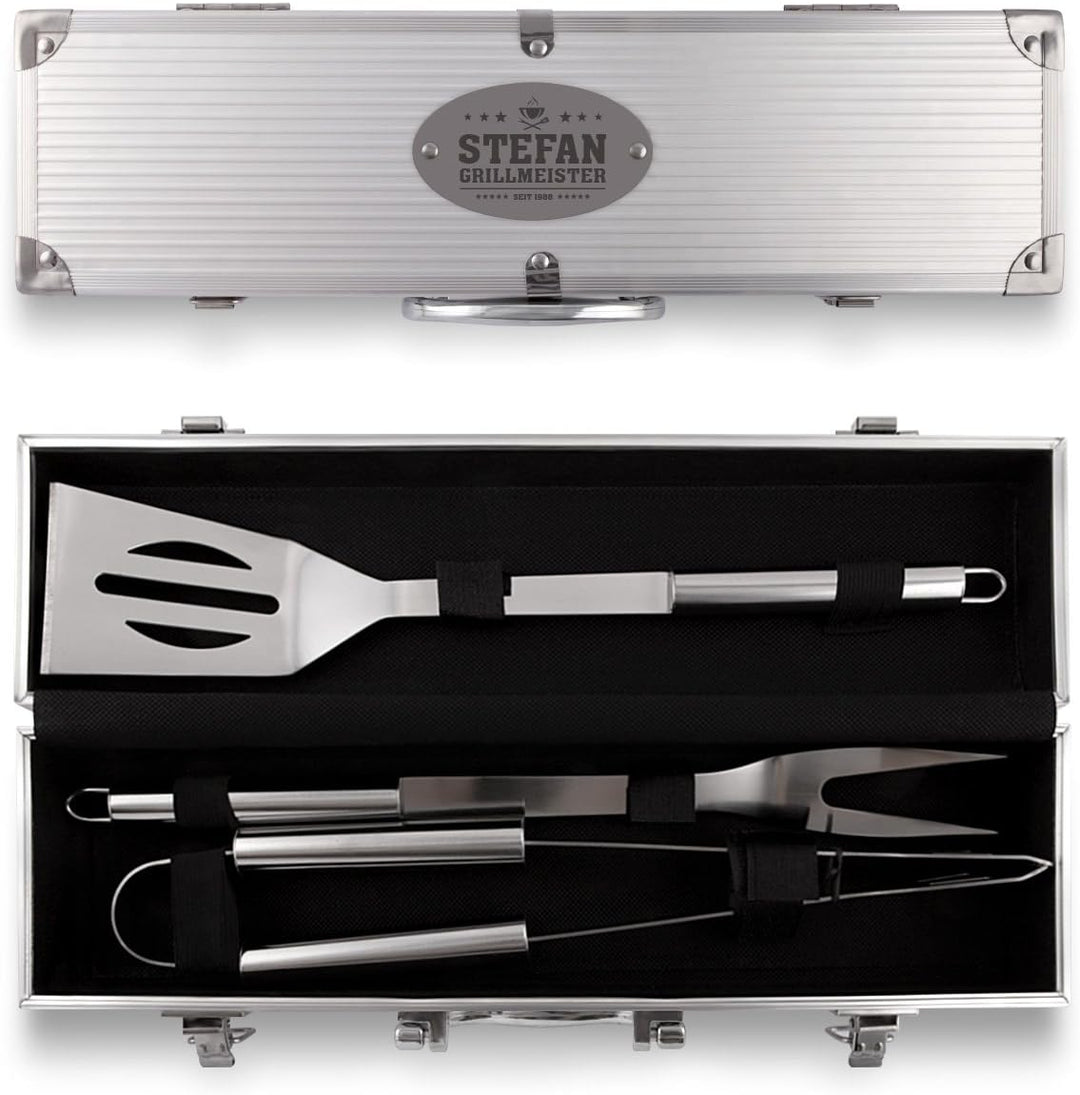 Grillkoffer 3-teilig Grillbesteck Edelstahl Grill Set mit Gravur - Grillmeister, Grillmeister
