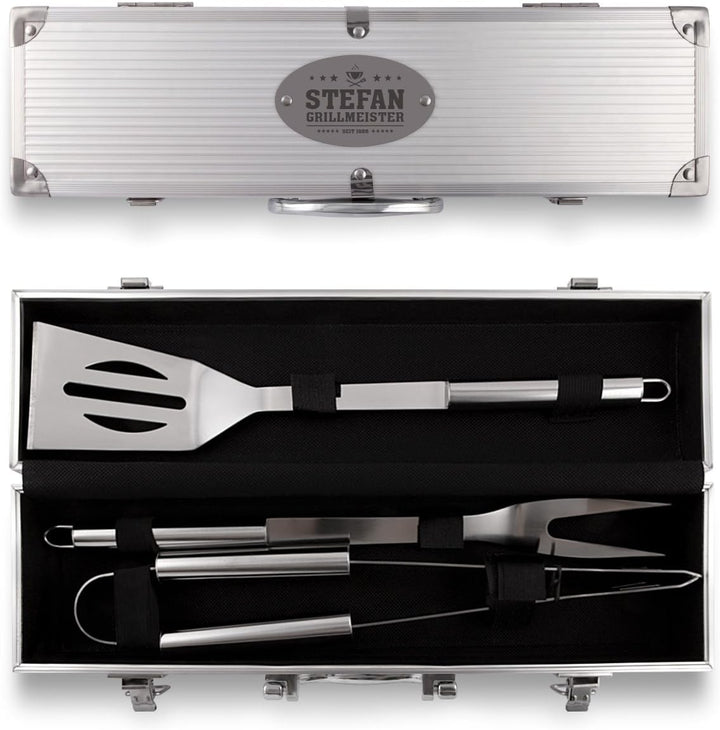 Grillkoffer 3-teilig Grillbesteck Edelstahl Grill Set mit Gravur - Grillmeister, Grillmeister