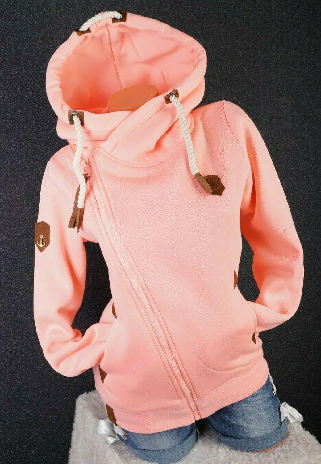 VIN TE Damen Sweat Jacke XXL Kapuze Hoodie Übergangsjacke Fleece gefüttert schräger Reissverschluss