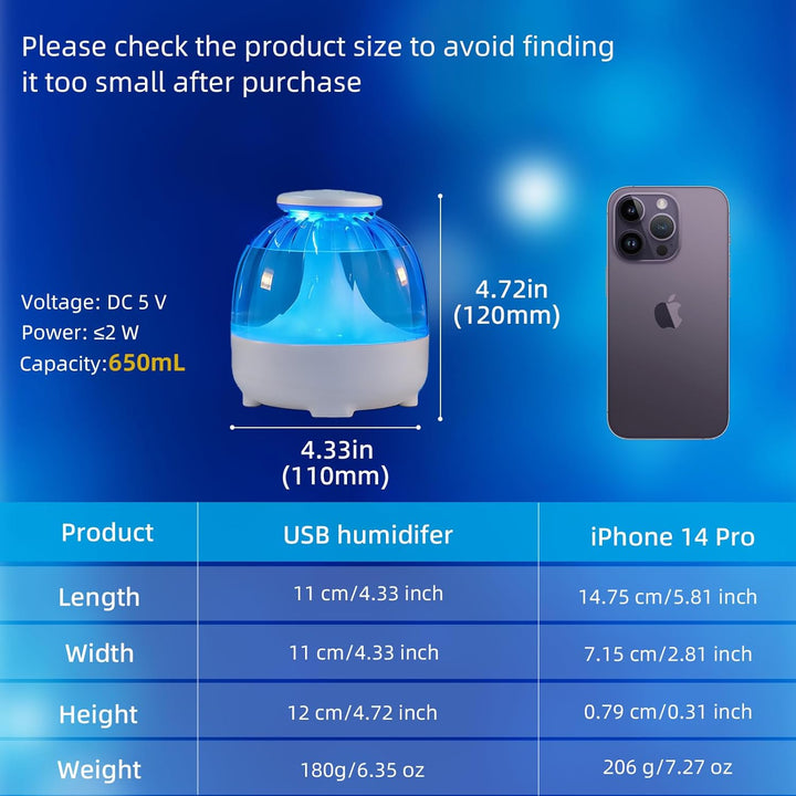 650 ml USB-Luftbefeuchter für Schlafzimmer, kühler Nebel, Luftbefeuchter, leiser Luftbefeuchter, USB