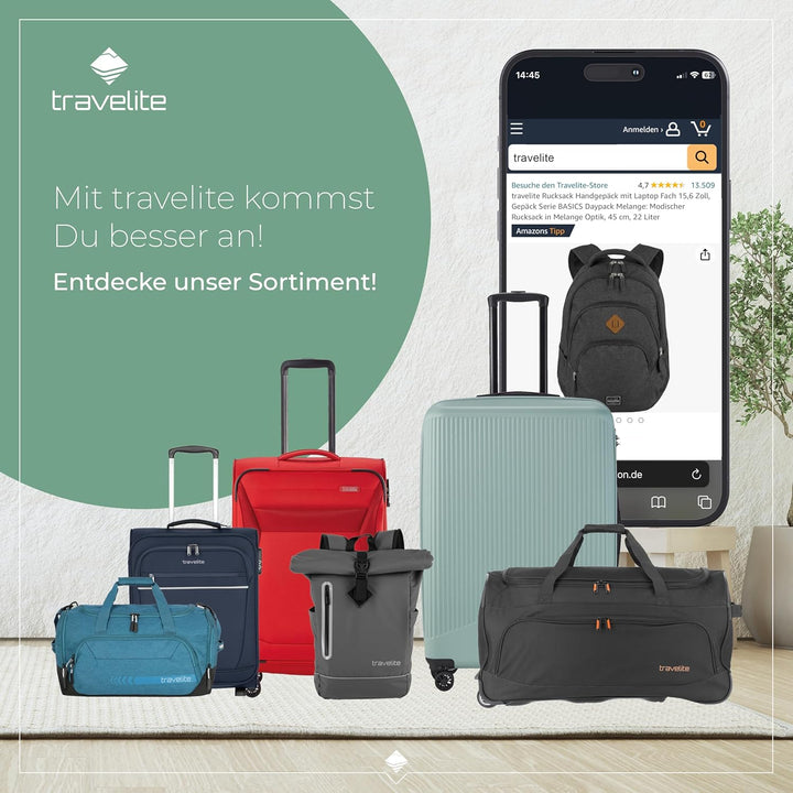 travelite Handgepäck Rucksack mit Laptop Fach 15,6 Zoll, Gepäck Serie BASICS Daypack Rollup: Praktis