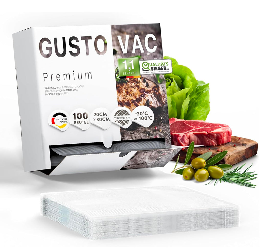 GustoVac Premium 100 Stk Vakuumierbeutel 20x30 geprägt - Made in Germany - Vakuum Beutel für Vakuumi