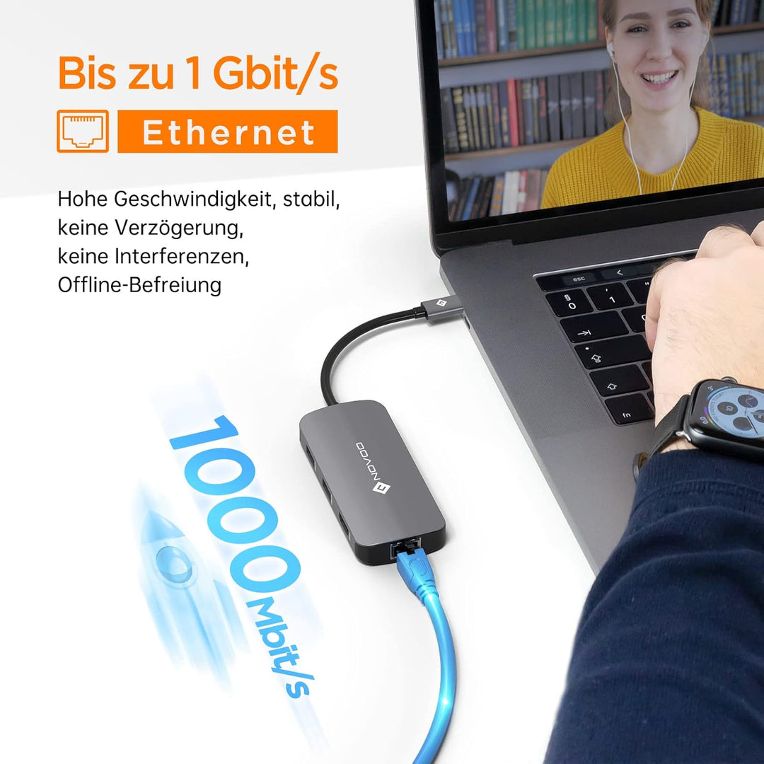 NOVOO Mulitport Adapter USB C auf Ethernet, 7 in 1 Hub USB C auf HDMI 4K, 100 W PD Ladeanschluss, US