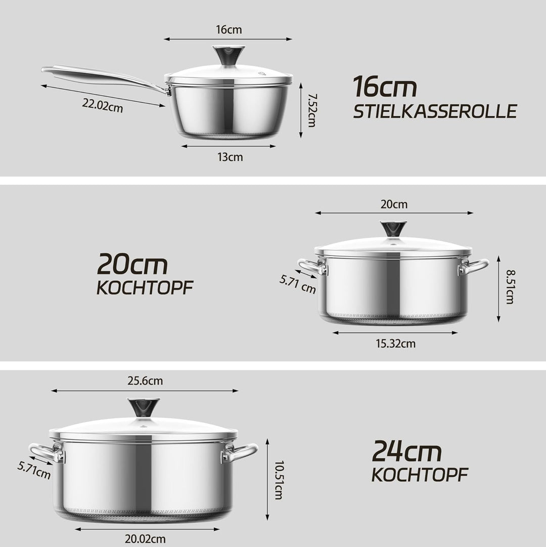 Topfset Antihaft mit Deckel 16+20+24 cm, Kochtopfset Induktion, kühl bleibender Griff, spülmaschinen