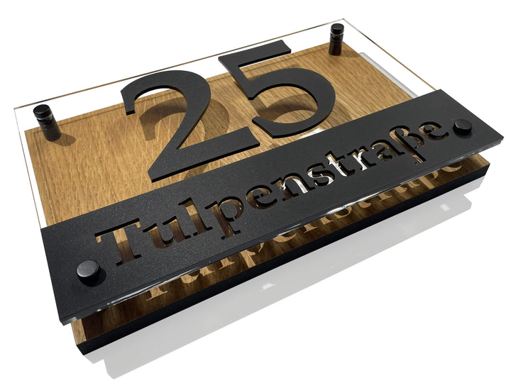 Hausnummer-Schild Adressschild haus hauswand personalisiert holz eiche plexiglass 3d individuelles d