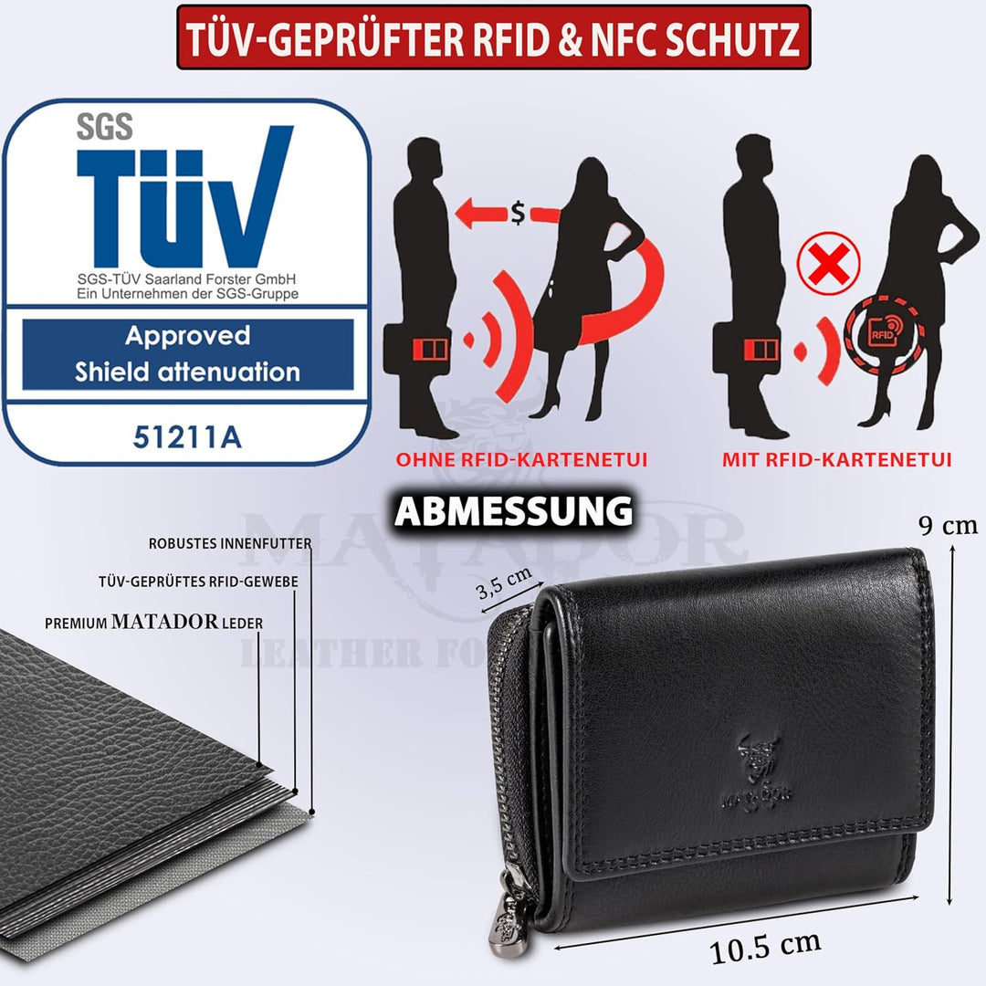 MATADOR Geldbörse Damen Portemonnaie Klein Frauen Geldbeutel Herren TüV Geprüfter RFID/NFC Schutz (B